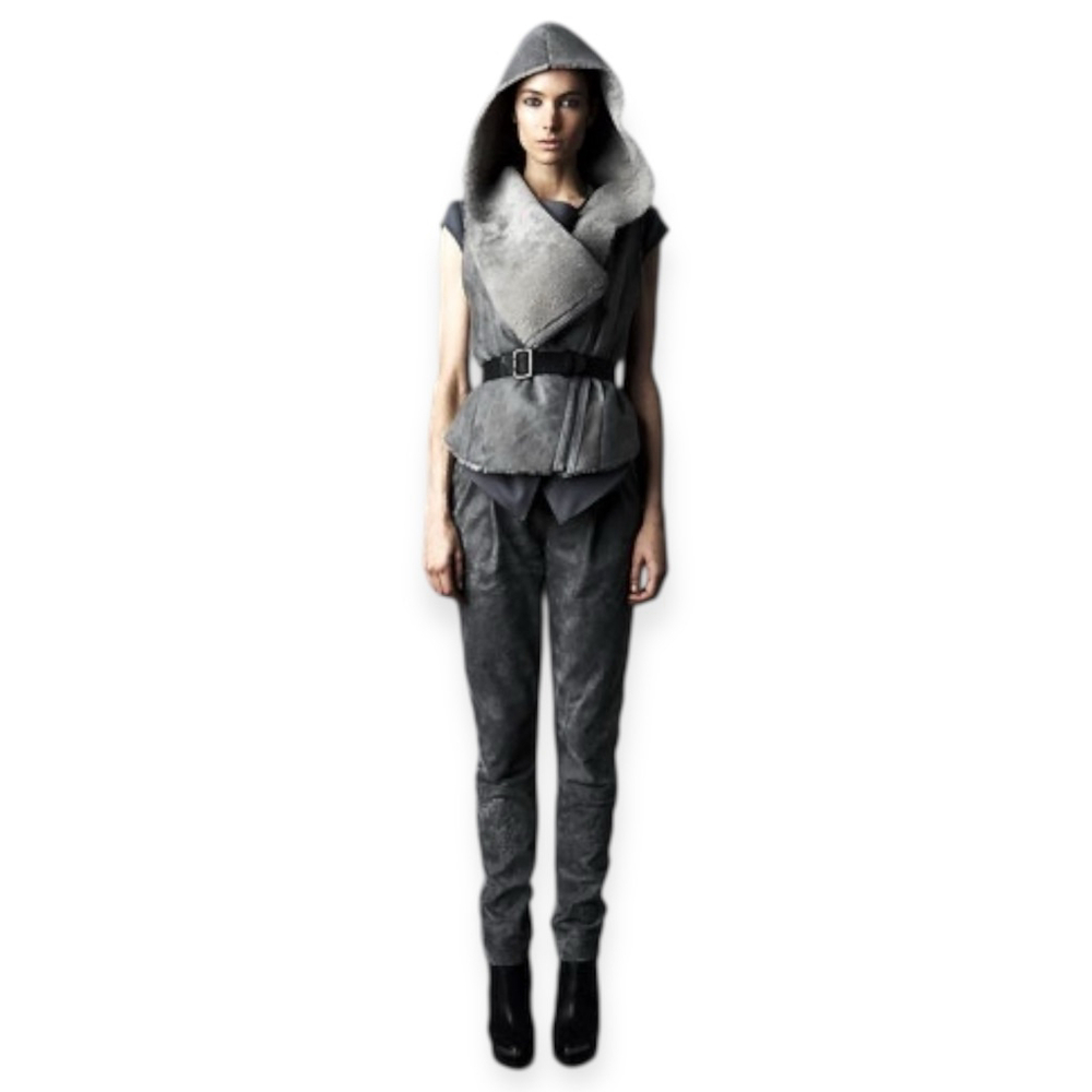 Helmut Lang Shearling Vest Leather Hooded Gilet Grey Beige Size Medium MSRP 1595